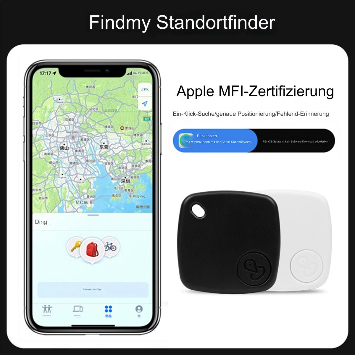 Ein Smartphone mit einer Karte auf dem Bildschirm und ein schwarz-weißes Ortungsgerät daneben.