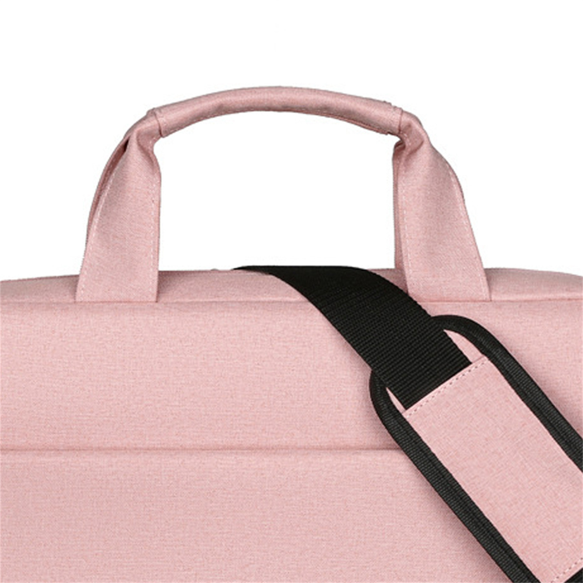 Rosa Laptoptasche mit schwarzem Griff und Riemen. Der Griff ist weich, und der Riemen ist für die Schulter.