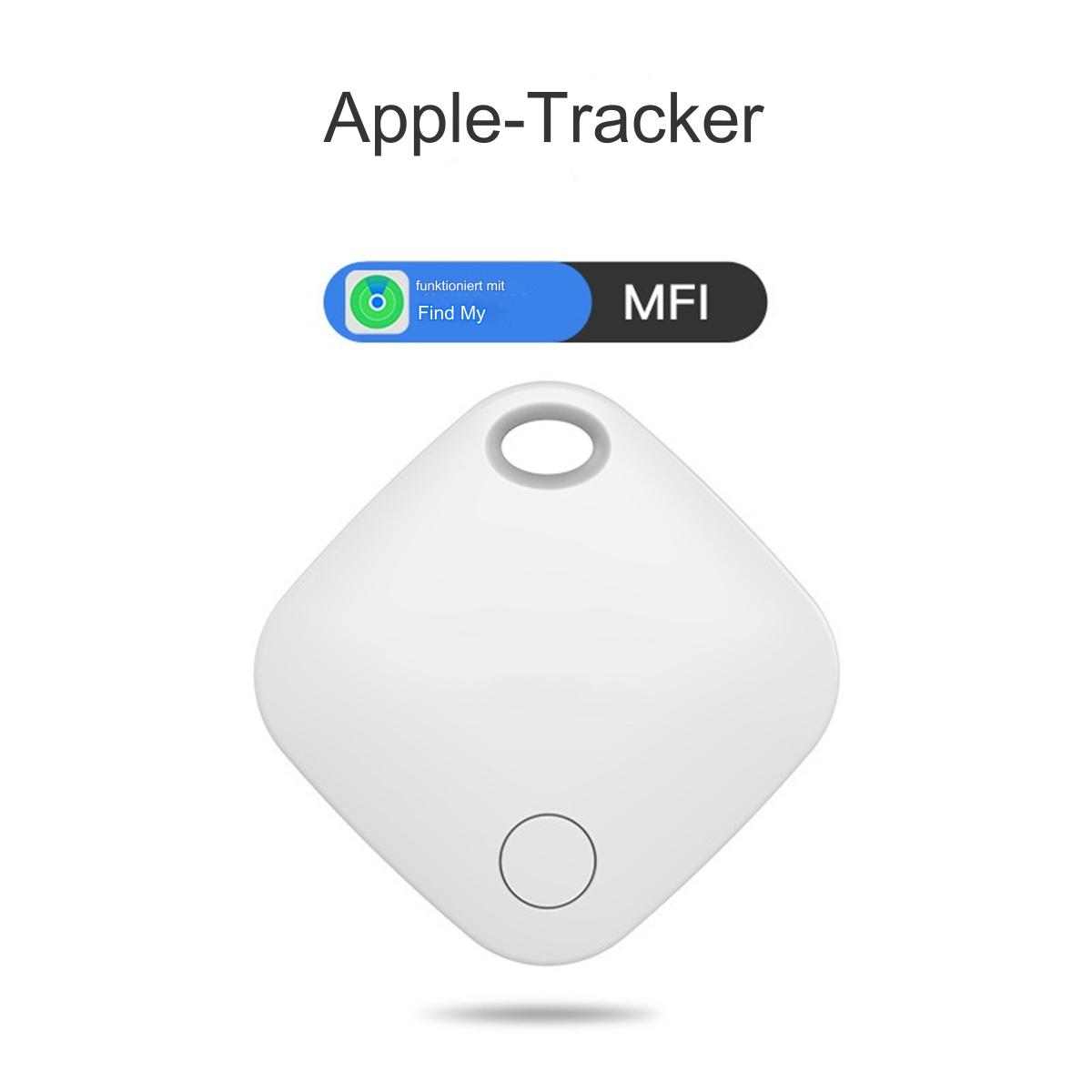 Weißer Apple-Tracker mit Loch und schwarzem Kreis, neben einem Logo und den Worten 'Find My'.