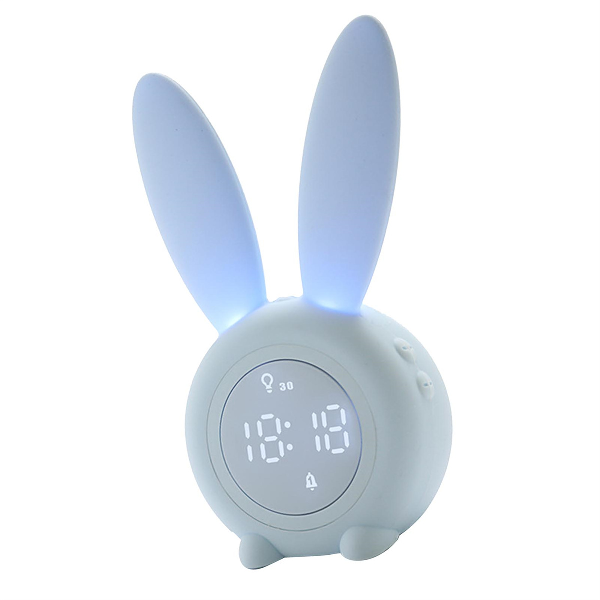 Blaues, hasenförmiges Uhr mit Digitalanzeige. Zeigt Zeit und Alarmsymbol.