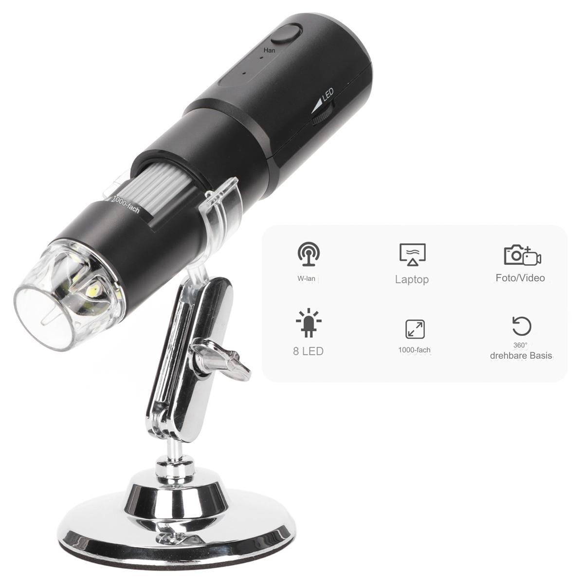 Digitales Mikroskop auf einem Ständer. Schwarzer Körper, silberne Basis. Text: W-lan, 8 LED.