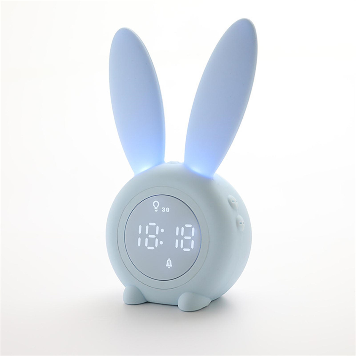 Ein blauer, hasenförmiger Wecker mit einem LCD-Bildschirm, der die Zeit anzeigt.