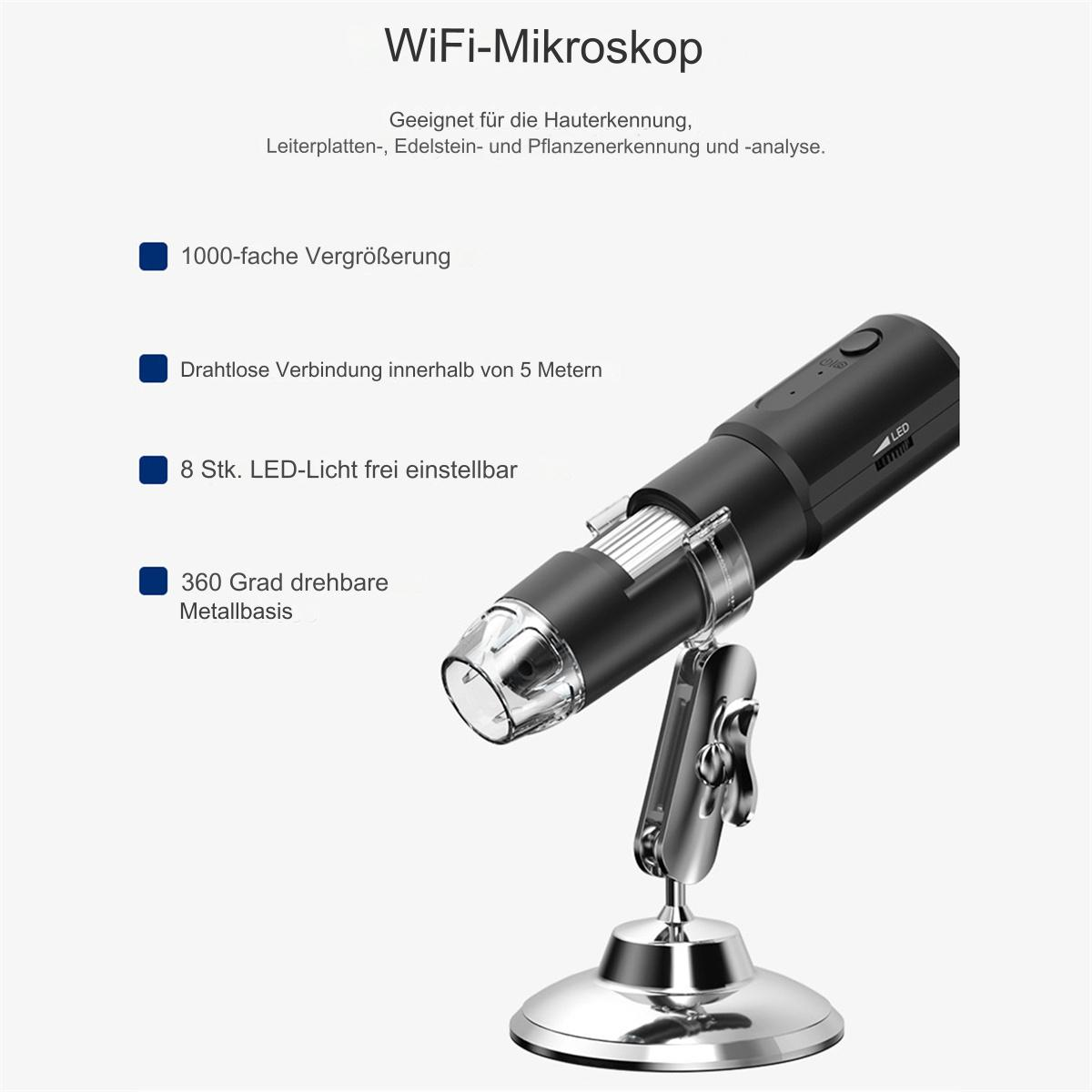 Ein schwarzes Mikroskop mit Ständer. Es hat ein Licht und eine drehbare Metallbasis.