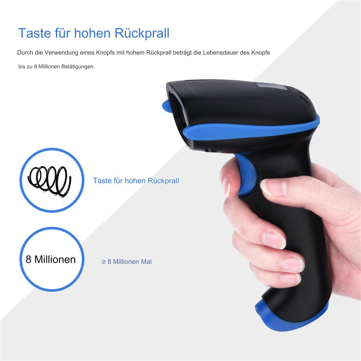 Eine Hand, die einen schwarz-blauen Barcode-Scanner hält, mit Text und Kreisen darum.