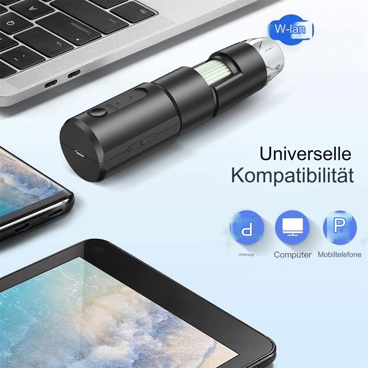 Schwarzes tragbares Mikroskop mit Bildschirm, verbunden mit Tablets und einem Laptop. Text auf Deutsch.