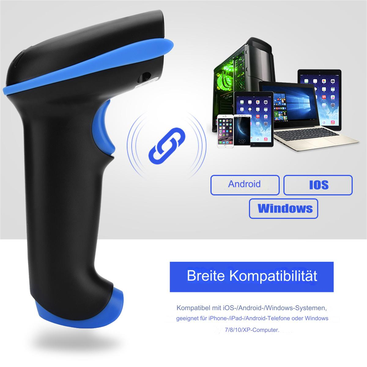 Schwarz-blauer Barcodescanner. Der Scanner ist mit einem Link-Symbol verbunden. Android-, iOS- und Windows-Logos.