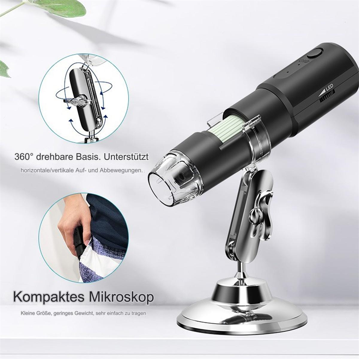 Schwarzes und silbernes digitales Mikroskop mit drehbarer Basis, das seine Funktionen und sein Design zeigt.