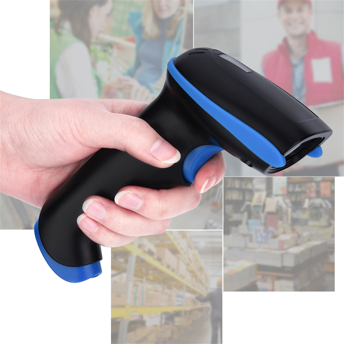 Eine Hand, die einen schwarz-blauen Barcode-Scanner hält. Der Hintergrund zeigt verschwommene Bilder eines Ladens.