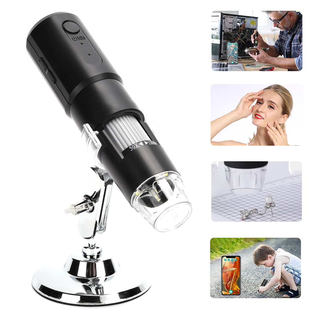 Ein schwarzes digitales Mikroskop auf einem Ständer mit Bildern seiner Verwendung, das kleine Gegenstände und eine Computerplatine untersucht.