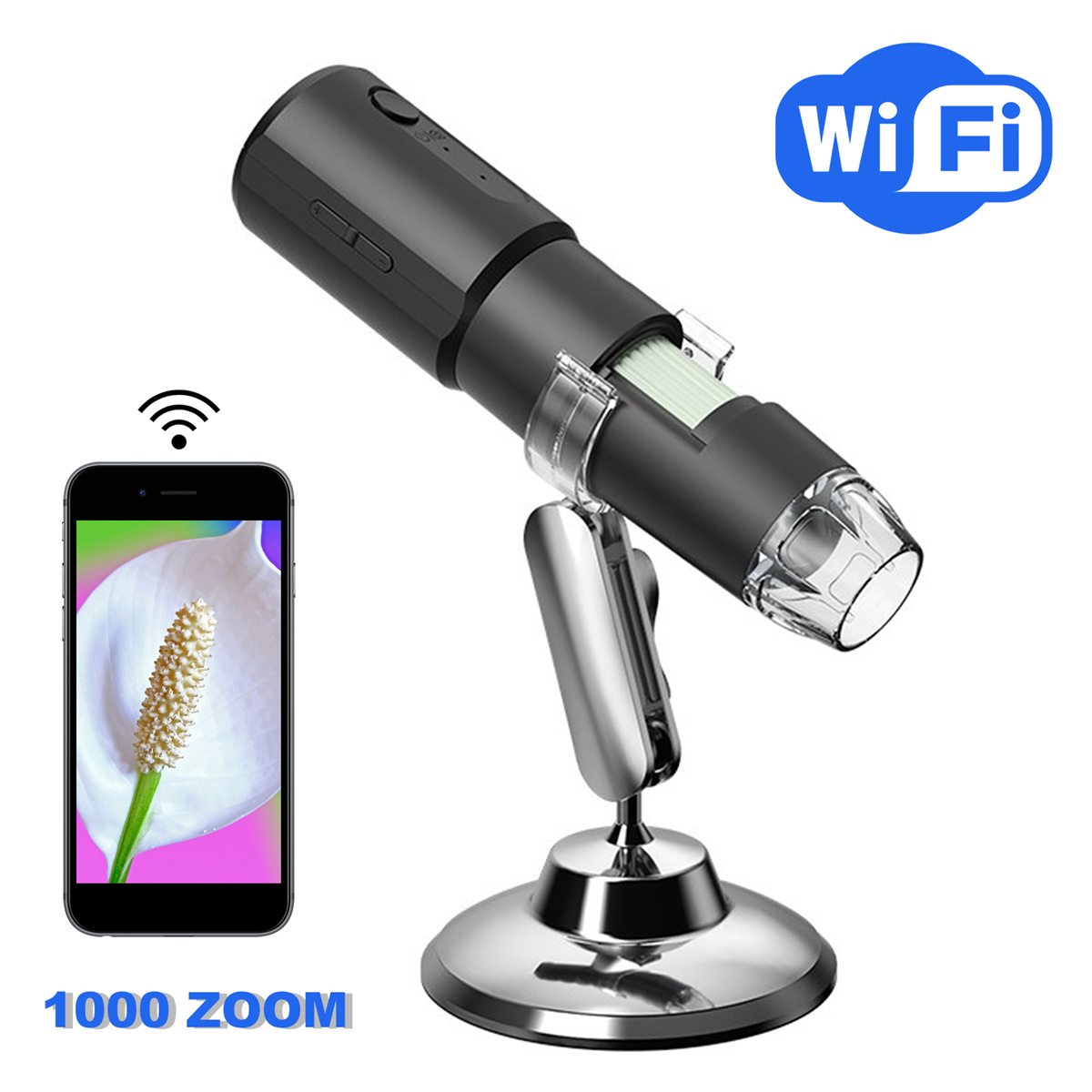 Schwarzes Mikroskop mit einem Telefon, das ein Blumenbild anzeigt. Wlan-Symbol vorhanden.