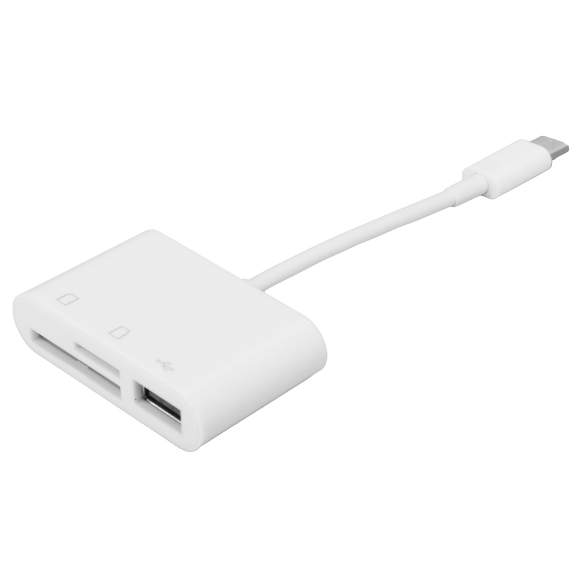 Weißer Kartenleser mit USB-C-Anschluss. Er ist angeschlossen und liegt auf einer weißen Oberfläche.