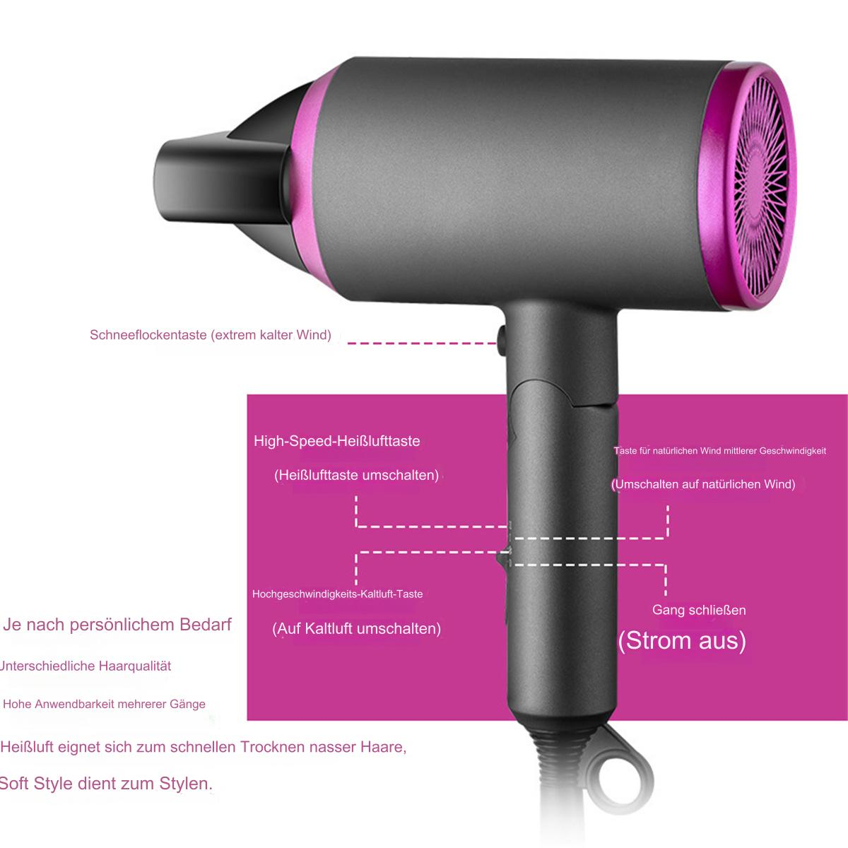 Ein schwarzer und pinkfarbener Haartrockner mit mehreren Knöpfen auf pink-weißem Hintergrund.