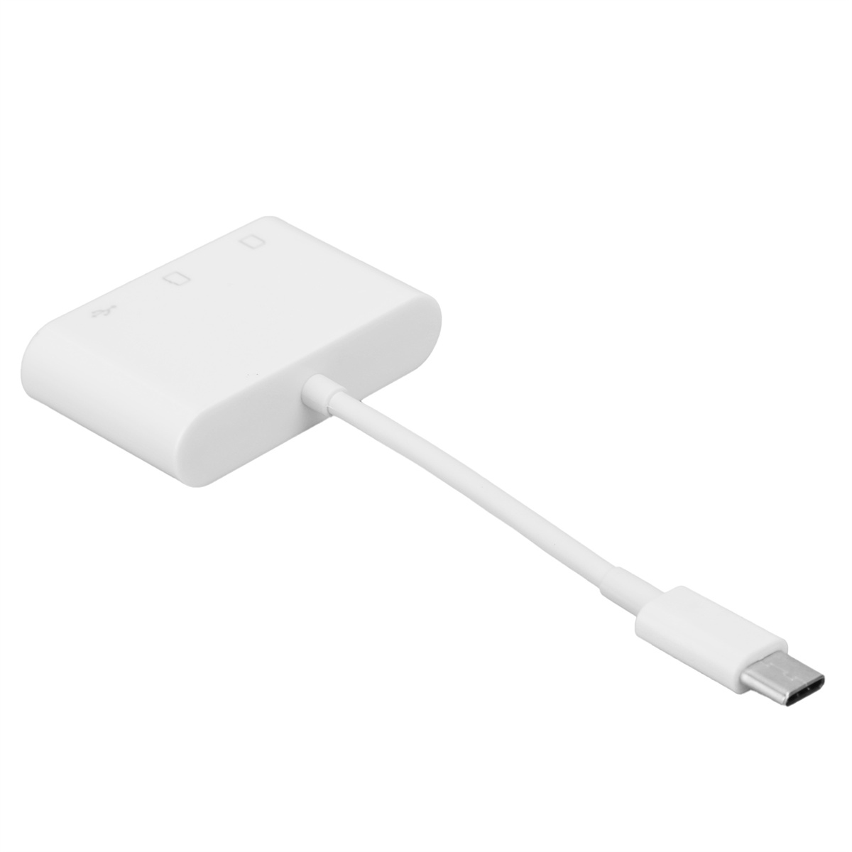 Weißer Adapter mit USB-C-Anschluss und mehreren Anschlüssen, mit weißem Kabel.