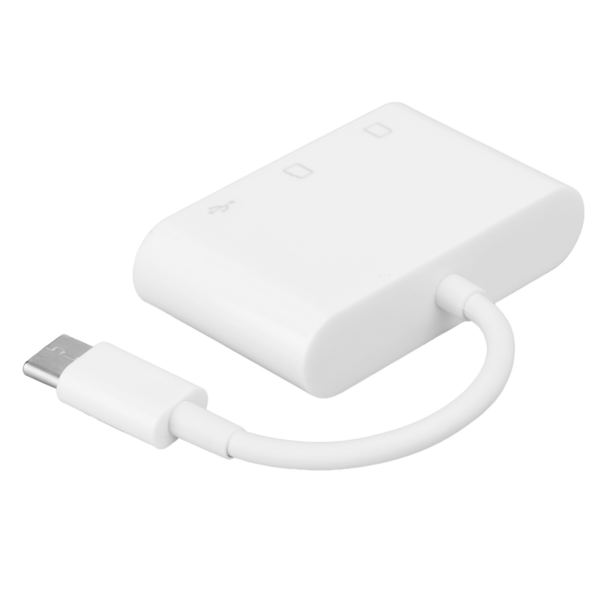Ein weißer USB-C-Adapter mit kurzem Kabel. Er verfügt über USB- und HDMI-Anschlüsse.