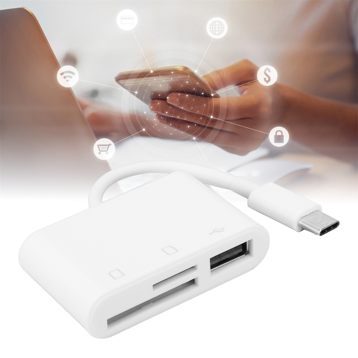 Weißer USB-C-Kartenleser. Hände halten Telefon und Laptop im Hintergrund, mit Symbolen darüber.