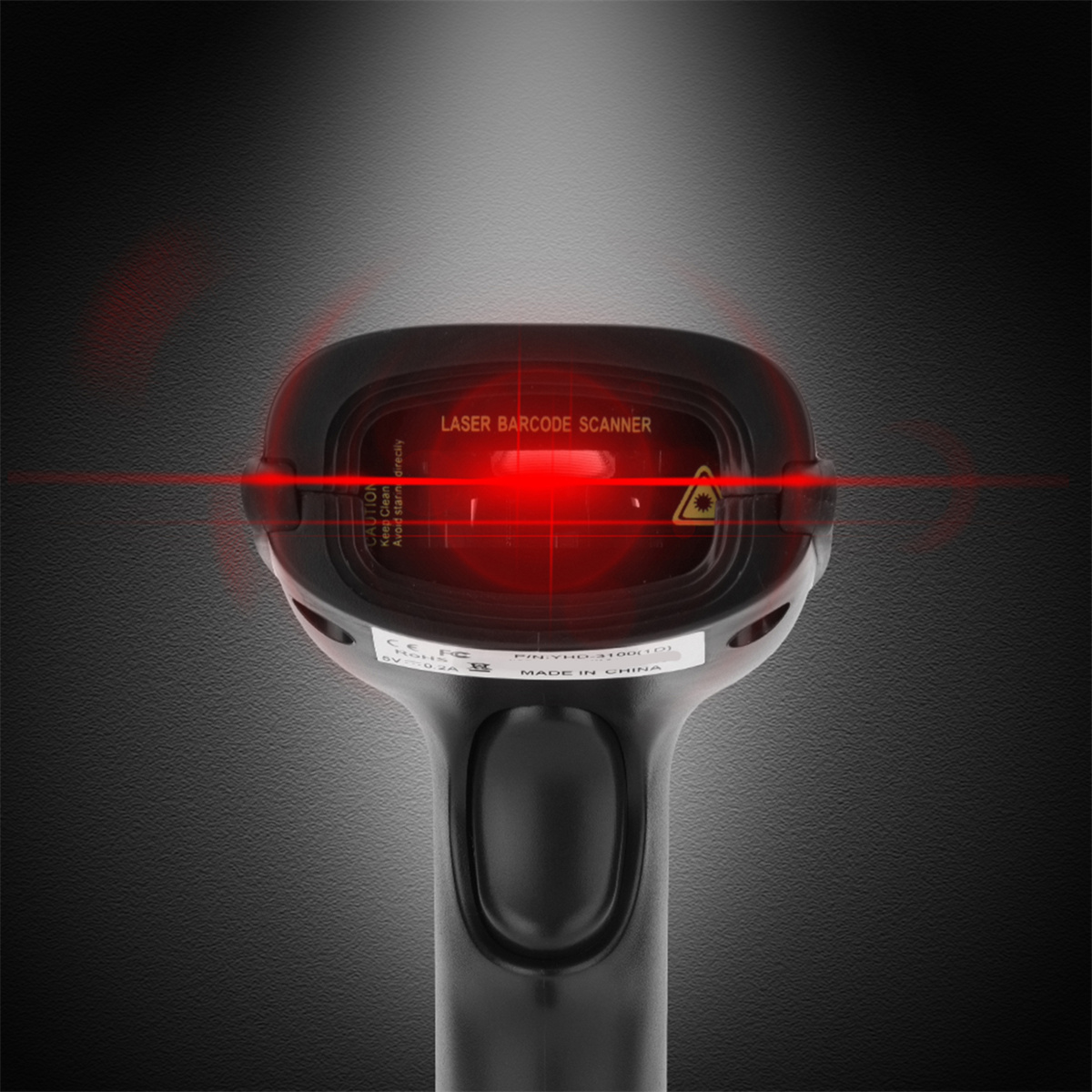 Ein schwarzer Barcode-Scanner mit einem roten Laserstrahl, der von ihm ausgeht.
