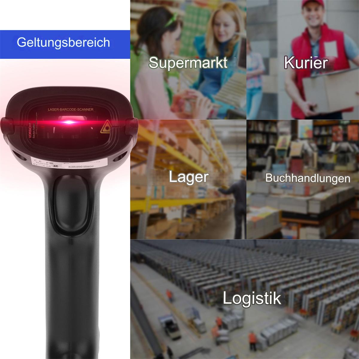 Schwarzer Barcode-Scanner mit rotem Strahl, Szenen, die seine Verwendung zeigen: Supermarkt, Lager.