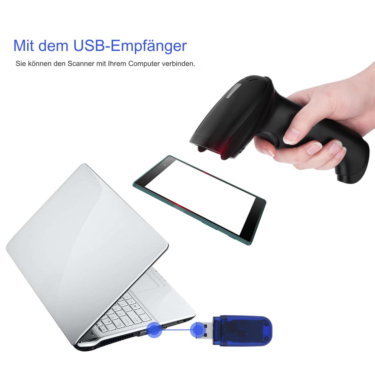 Eine Hand hält einen Scanner, der mit einem Laptop und einem USB verbunden ist.