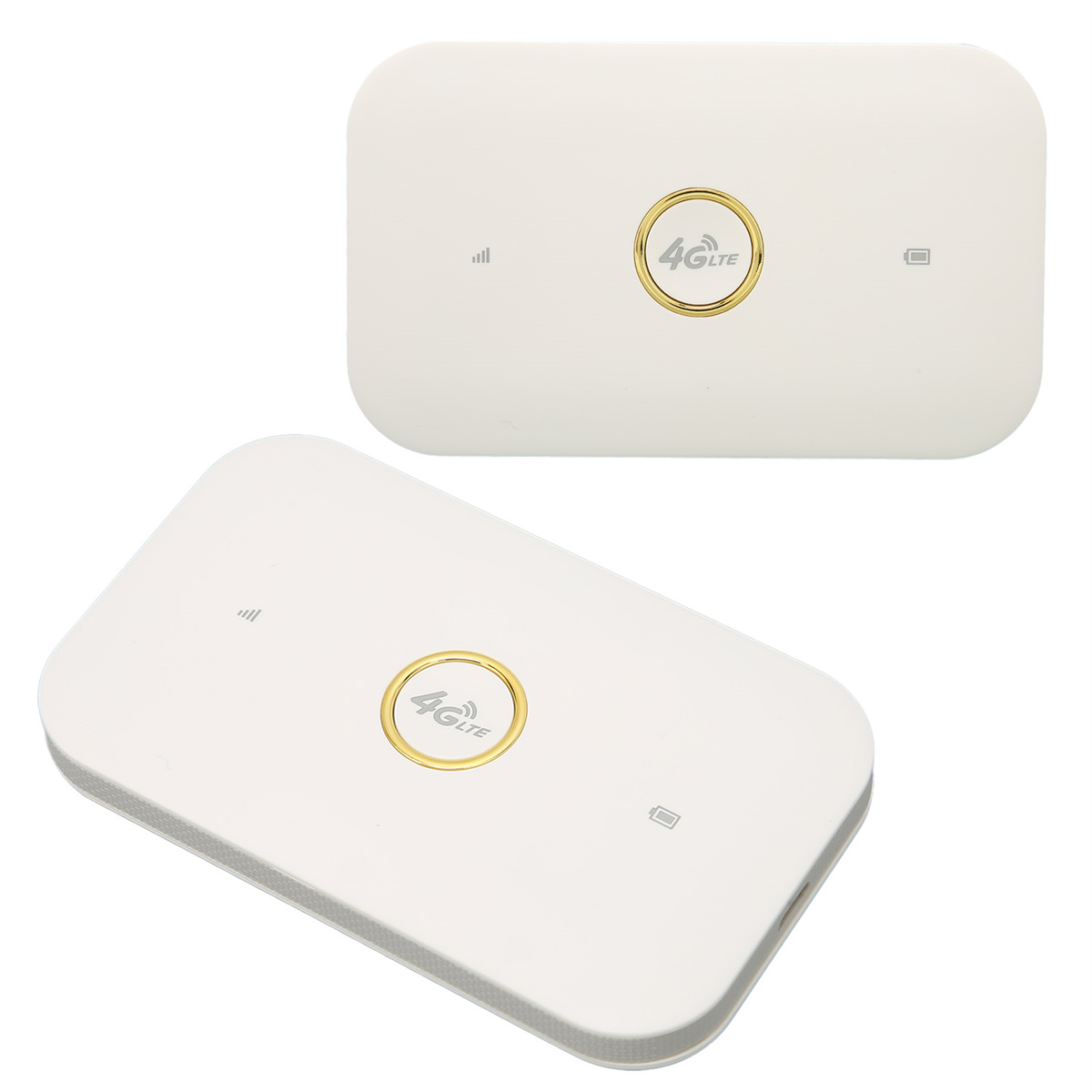 Zwei weiße 4G-LTE-Router. Beide haben einen goldenen Kreis und Antennenanzeigen.