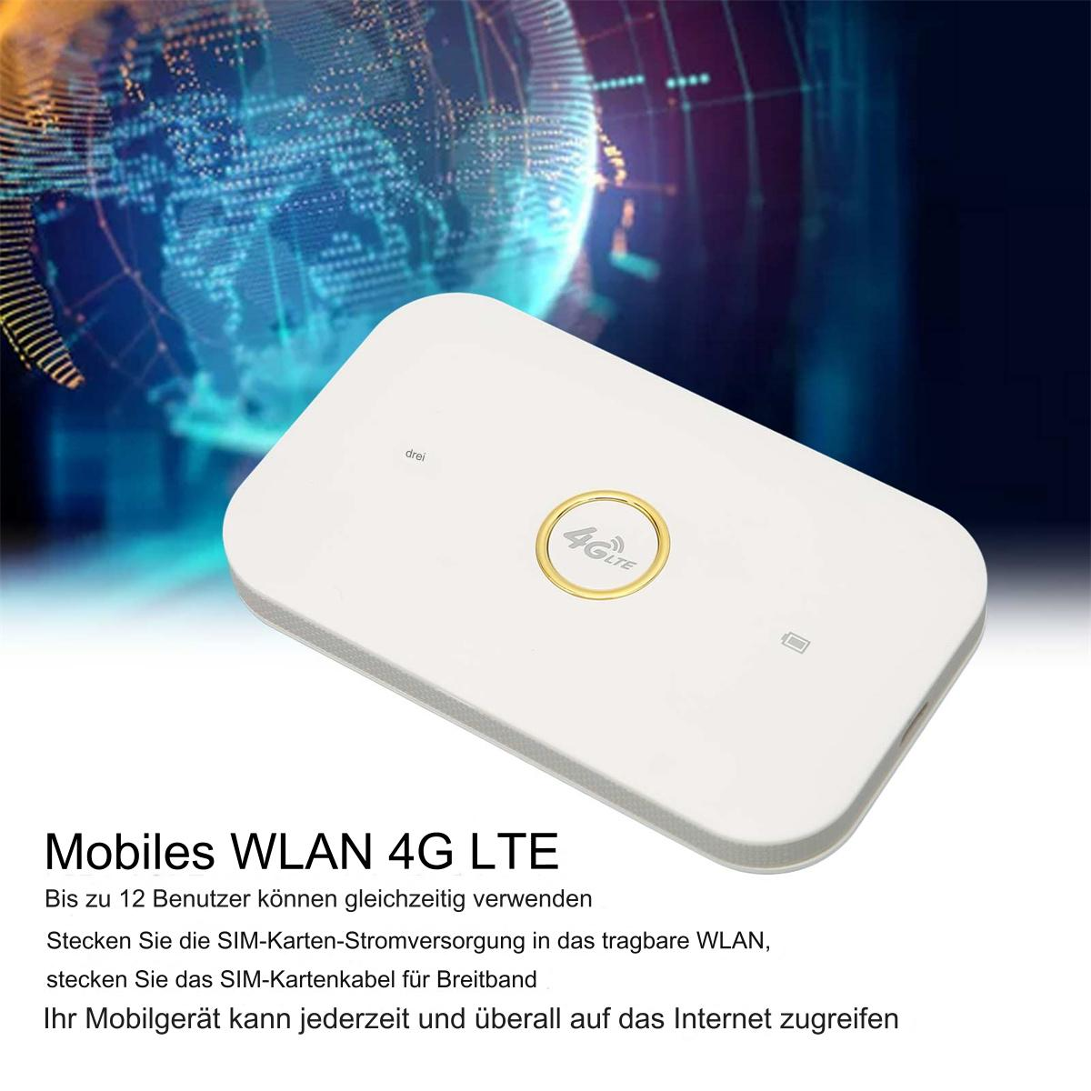Weißes mobiles WLAN 4G LTE-Gerät. Das Gerät liegt auf einer gelben Oberfläche. Text darunter.