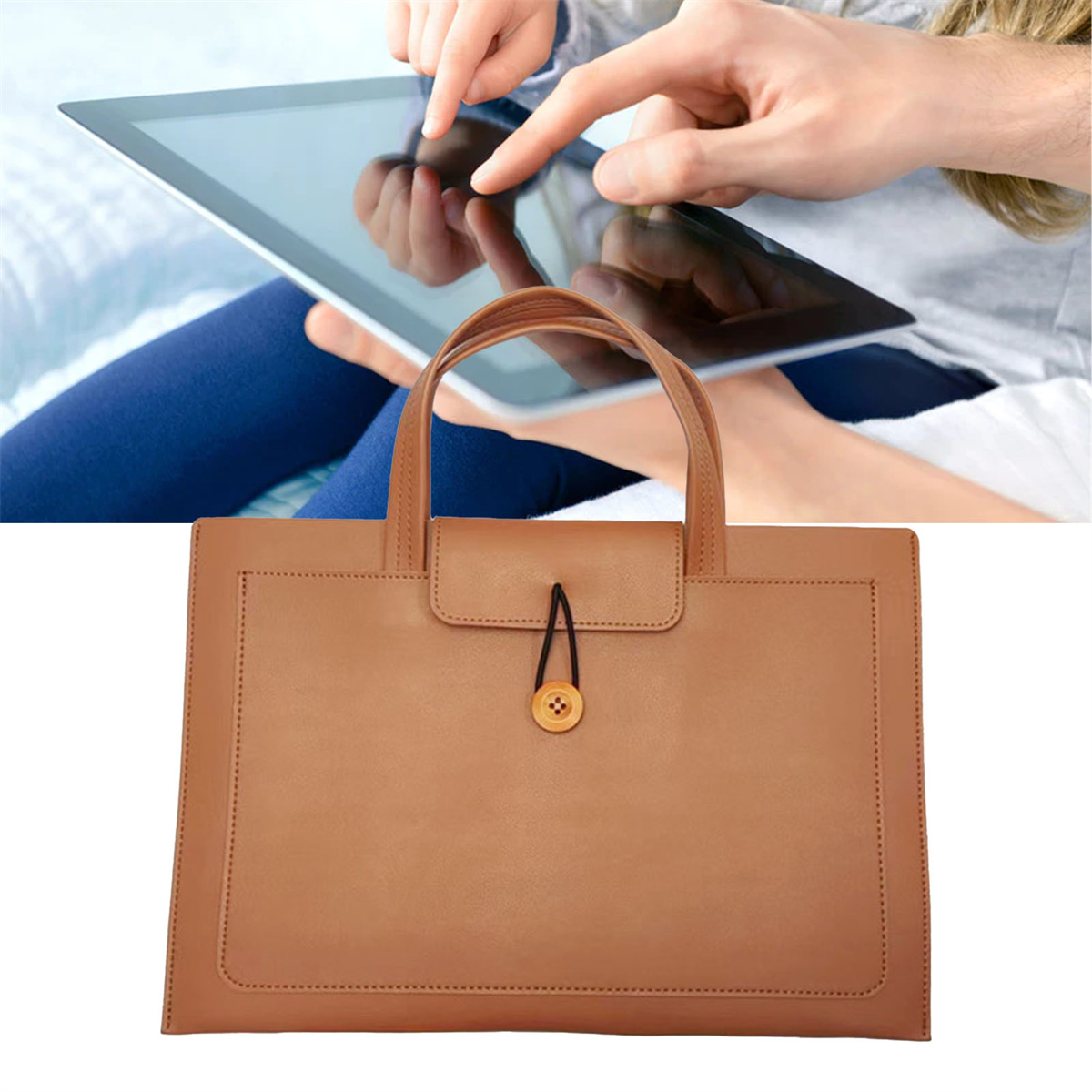 Person benutzt Tablet, neben braunem Leder-Portfolio mit Knopfverschluss.