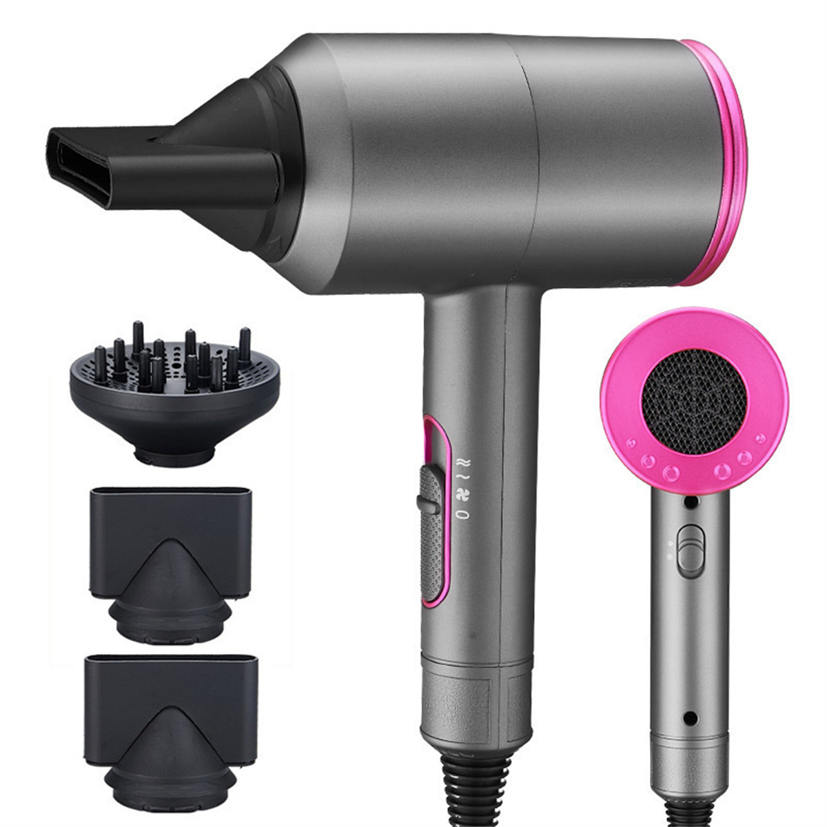 Ein grauer Haartrockner mit drei Aufsätzen und einem pinkfarbenen Kreiselement.
