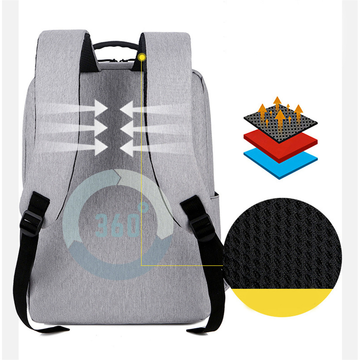 Grauer Rucksack mit Belüftungsdiagramm, 360°-Design und Mesh-Details.