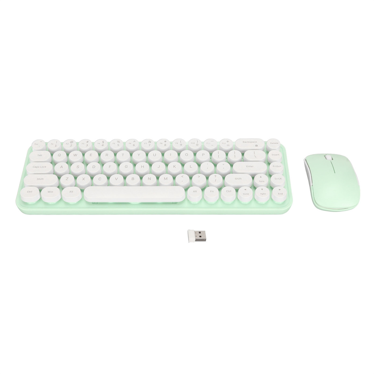 Minzgrünes Tastatur- und Maus-Set auf weißem Hintergrund. USB-Empfänger enthalten.