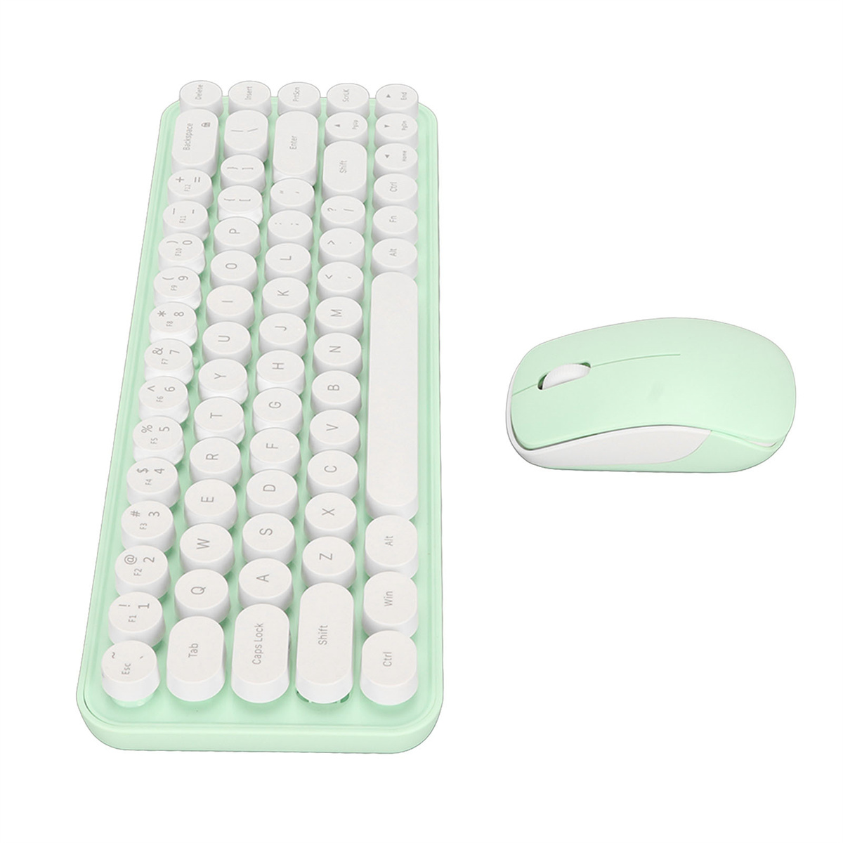 Ein mintgrünes Tastatur- und Maus-Set, von oben betrachtet, auf weißem Hintergrund.
