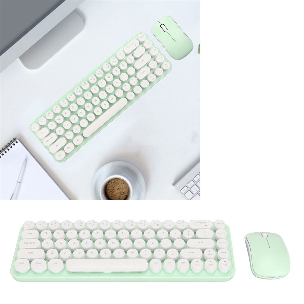 Eine mintgrüne Tastatur und Maus. Beide haben weiße Tasten und Knöpfe. Draufsicht und Seitenansicht.