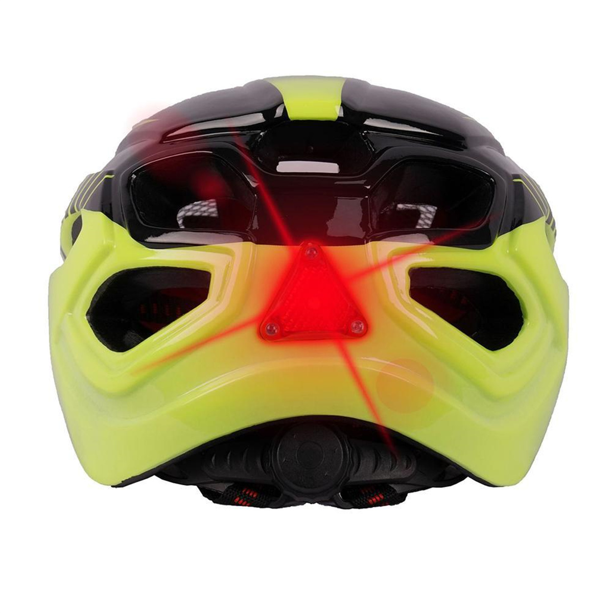 Ein grün-schwarzer Fahrradhelm mit rotem Rücklicht und gelbem Streifen.