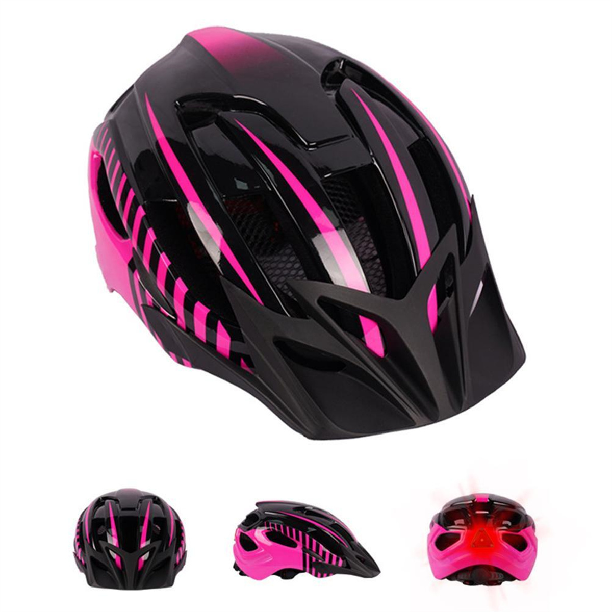 Ein schwarz-rosa Fahrradhelm mit rotem Rücklicht und schwarzem Visier.