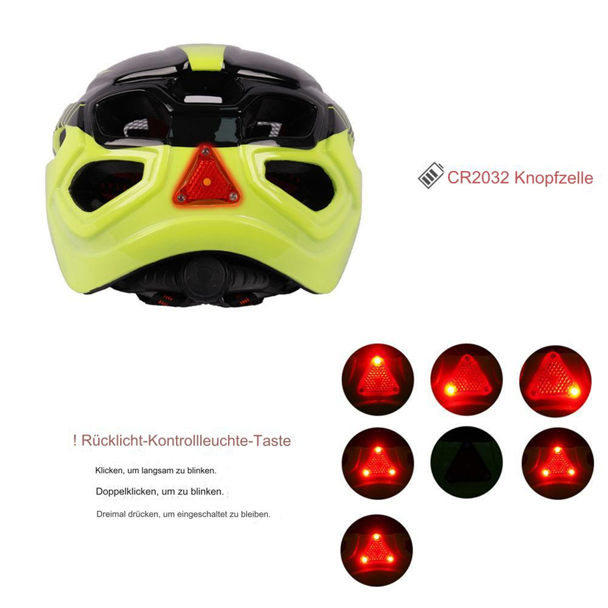 Ein gelb-schwarzer Fahrradhelm mit rotem Licht. Es sind mehrere rote Lichter zu sehen.