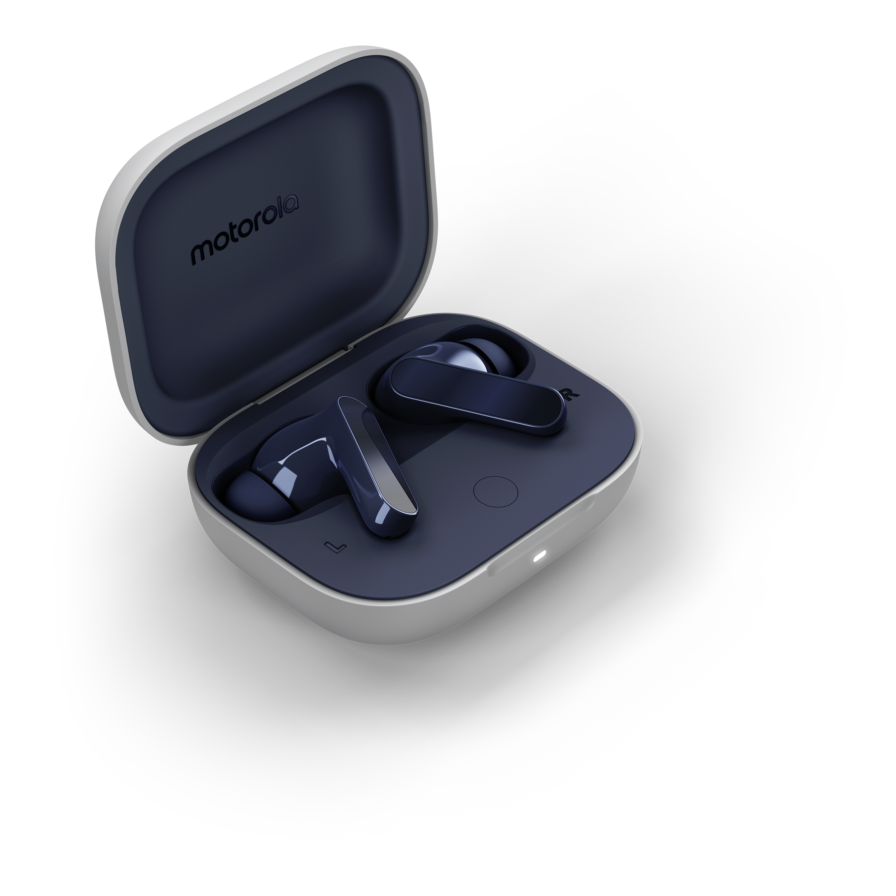 Niebieskie i srebrne słuchawki douszne w białym etui. Etui jest otwarte, czarne tło.