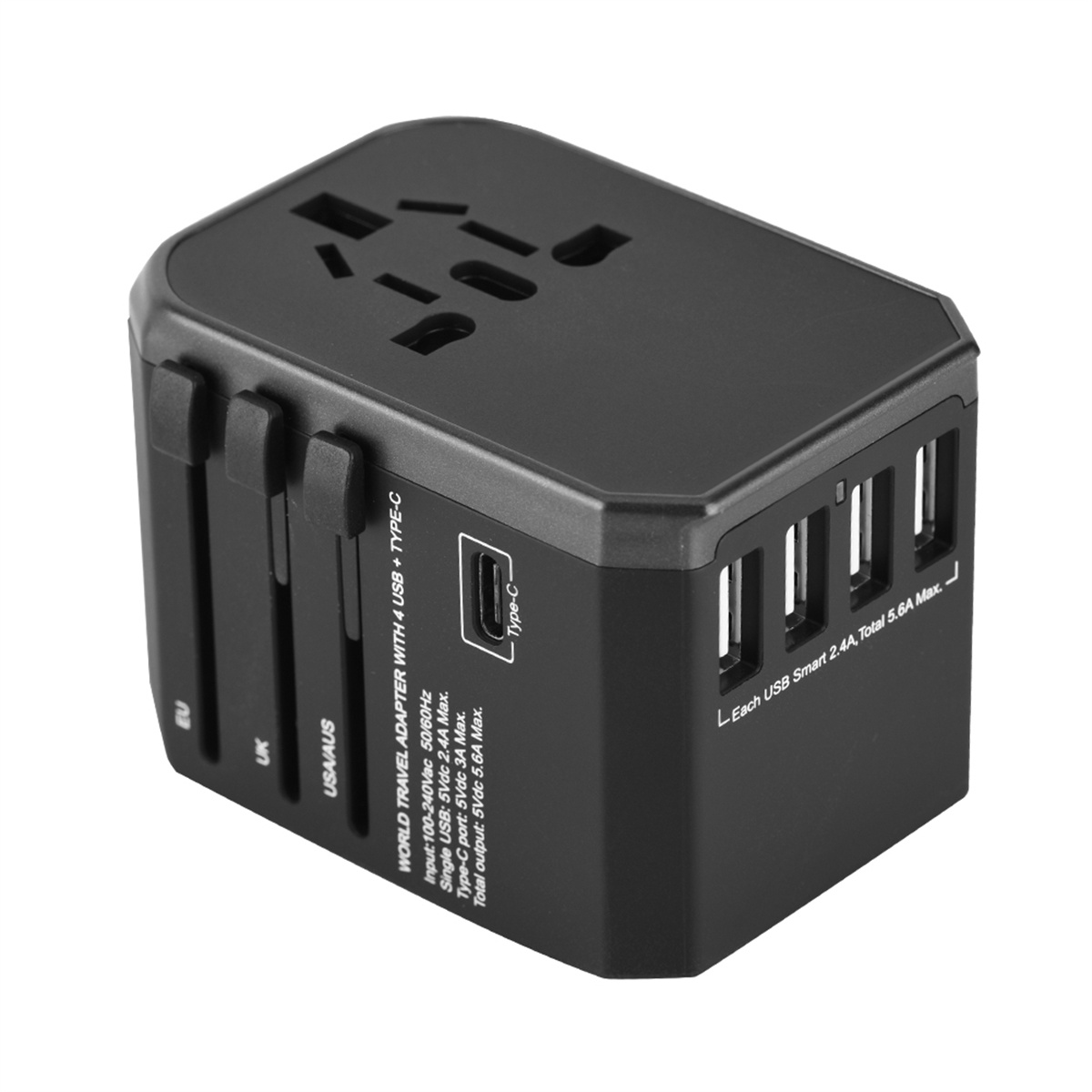 Schwarzer Reiseadapter mit mehreren Steckertypen, USB- und Typ-C-Anschlüssen, mit Spezifikationen.