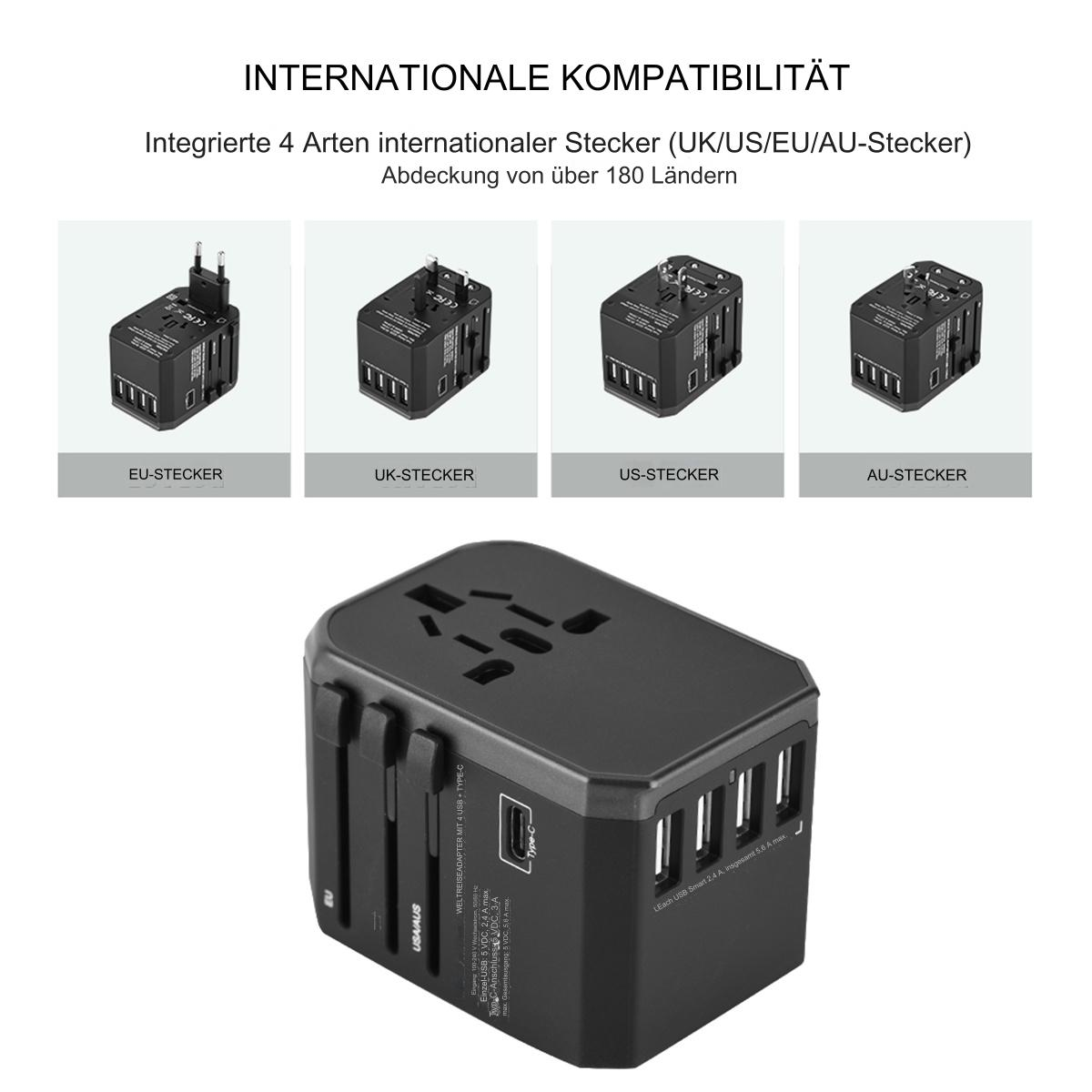 Ein schwarzer Reiseadapter mit mehreren Steckertypen und USB-Anschlüssen. Vier Steckertypen werden gezeigt.