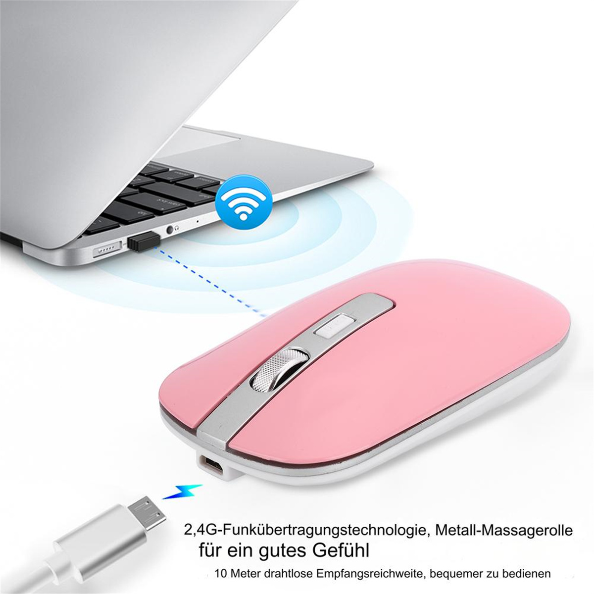 Rosa kabellose Maus, verbunden mit Laptop. Blaues WLAN-Symbol auf dem Bildschirm.