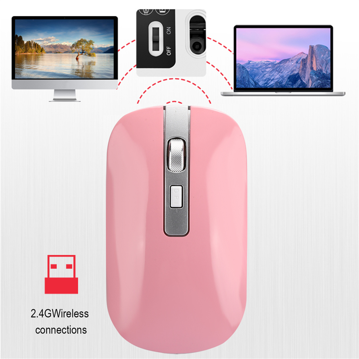 Rosa kabellose Maus mit USB-Anschluss und zwei Bildschirmen mit verschiedenen Oberflächen.