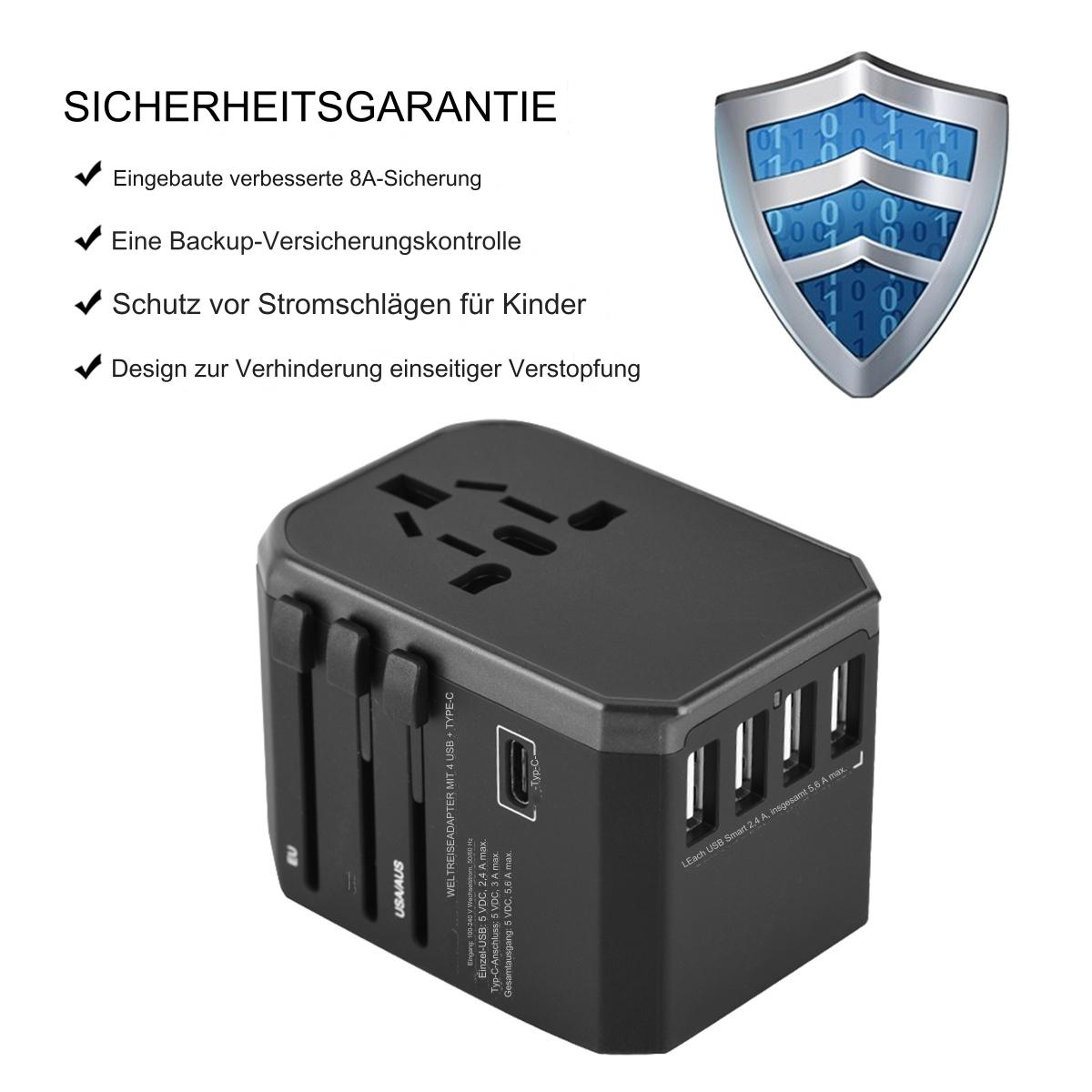 Schwarzer Netzadapter mit mehreren Anschlüssen. Text auf Deutsch ist sichtbar. Ein Schildsymbol ist ebenfalls vorhanden.