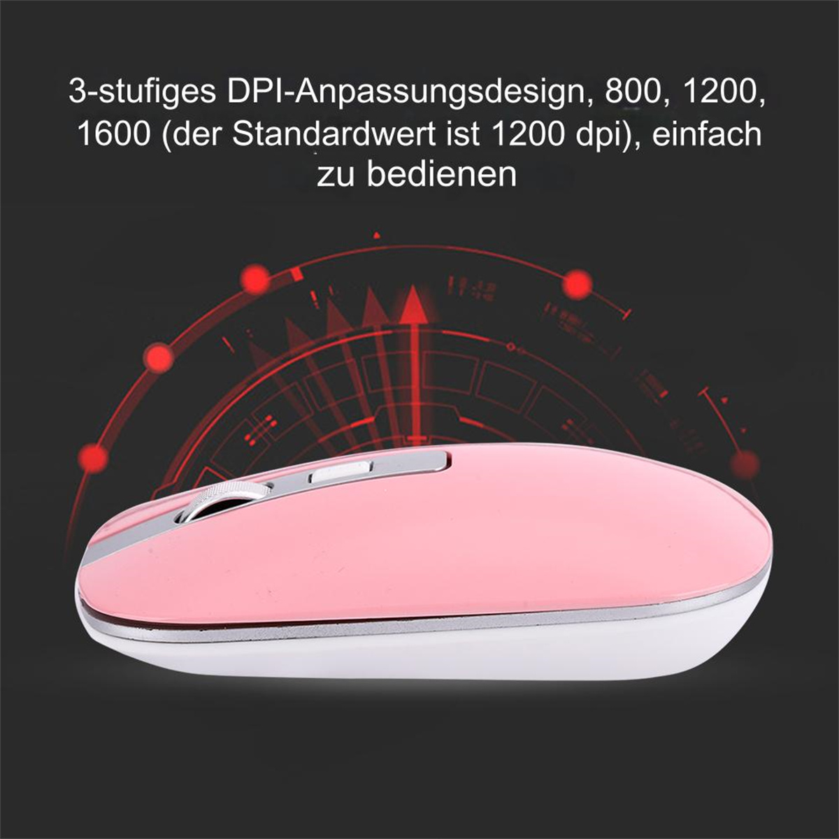 Rosa kabellose Maus mit roten Designelementen.