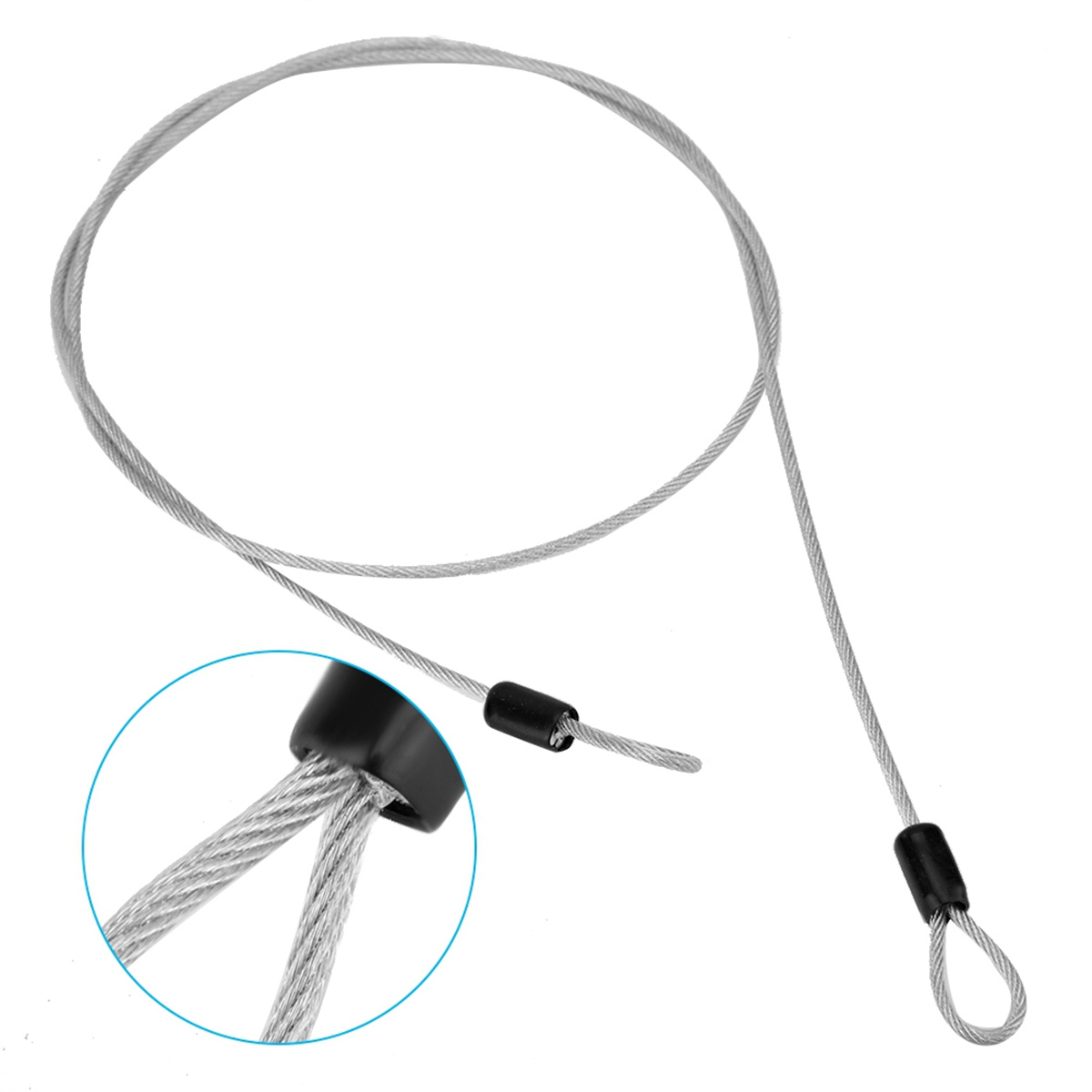 Stahlkabel mit einer Schlaufe an einem Ende. Das Kabel ist an beiden Enden mit einem schwarzen Teil verbunden. Nahaufnahme.
