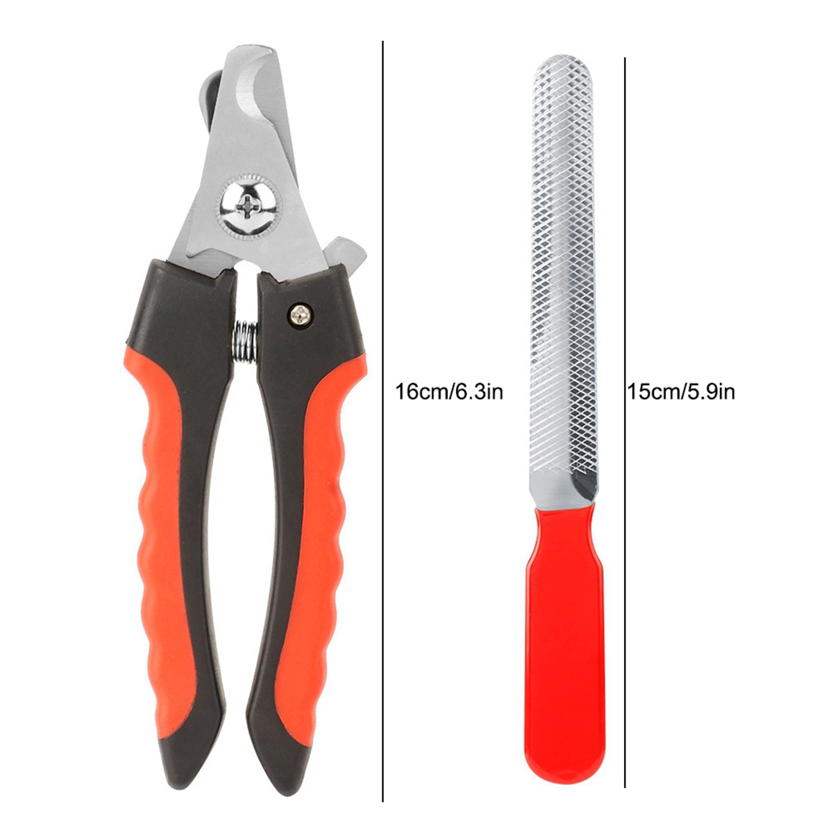 Krallenschere und Nagelfeile für Haustiere. Die Schere ist schwarz und orange, die Feile rot.