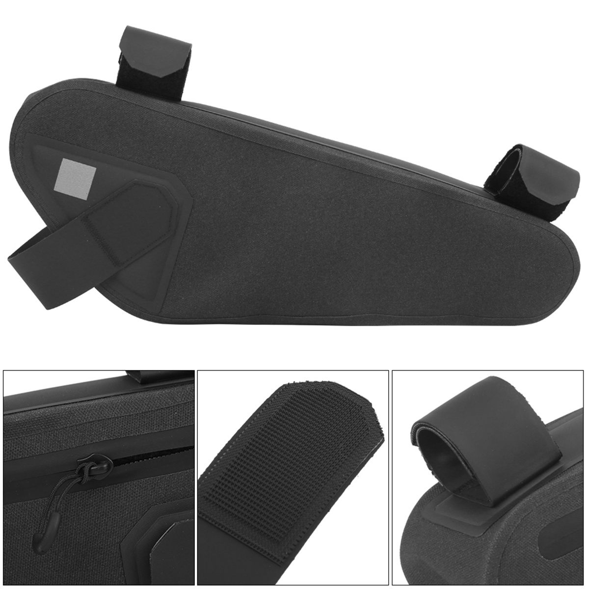 Schwarze Fahrradrahmen-Tasche. Zeigt verschiedene Winkel. Hat Riemen, Reißverschluss und reflektierende Elemente.