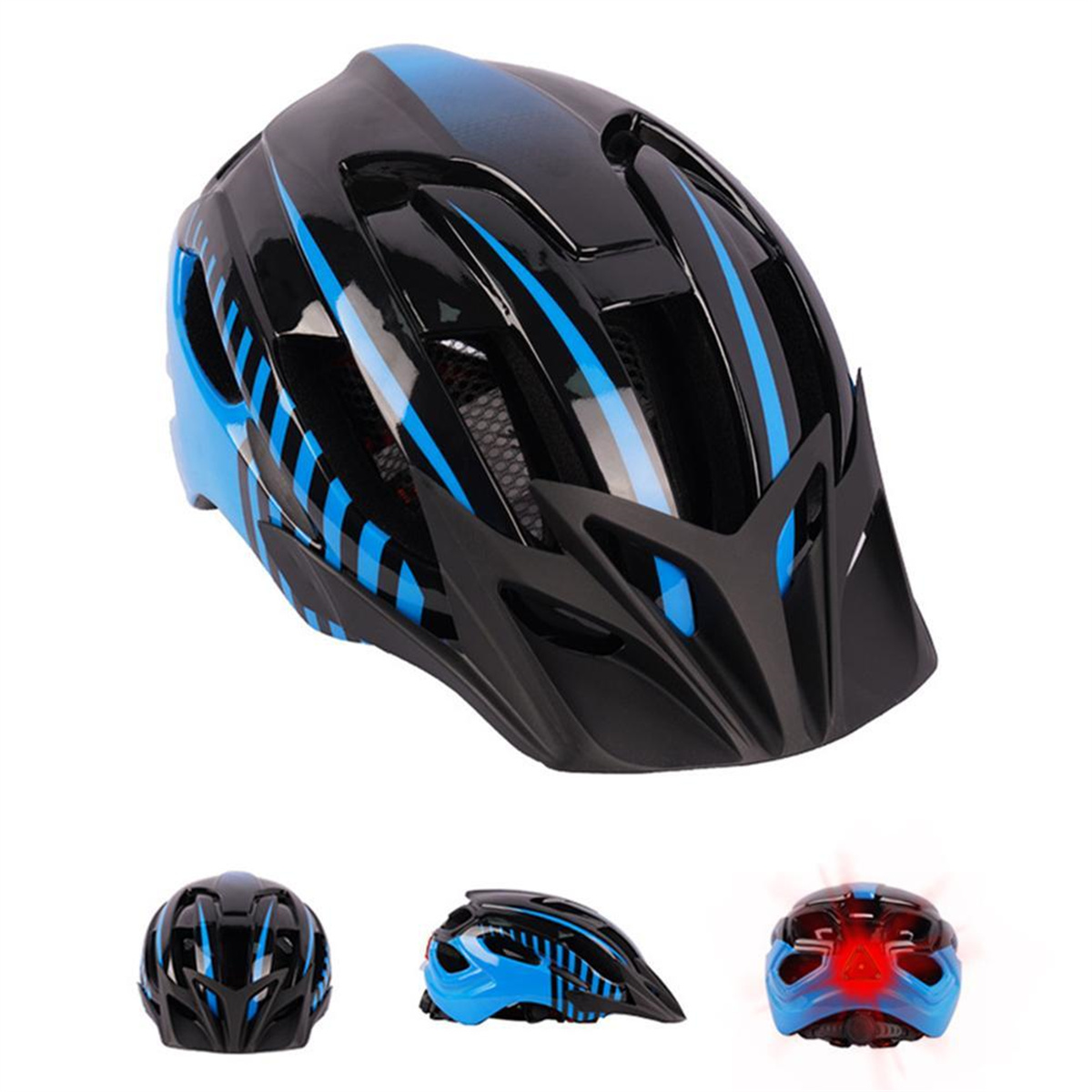 Schwarz-blauer Fahrradhelm mit blauen Streifen. Drei Ansichten: vorne, Seite und hinten mit rotem Licht.