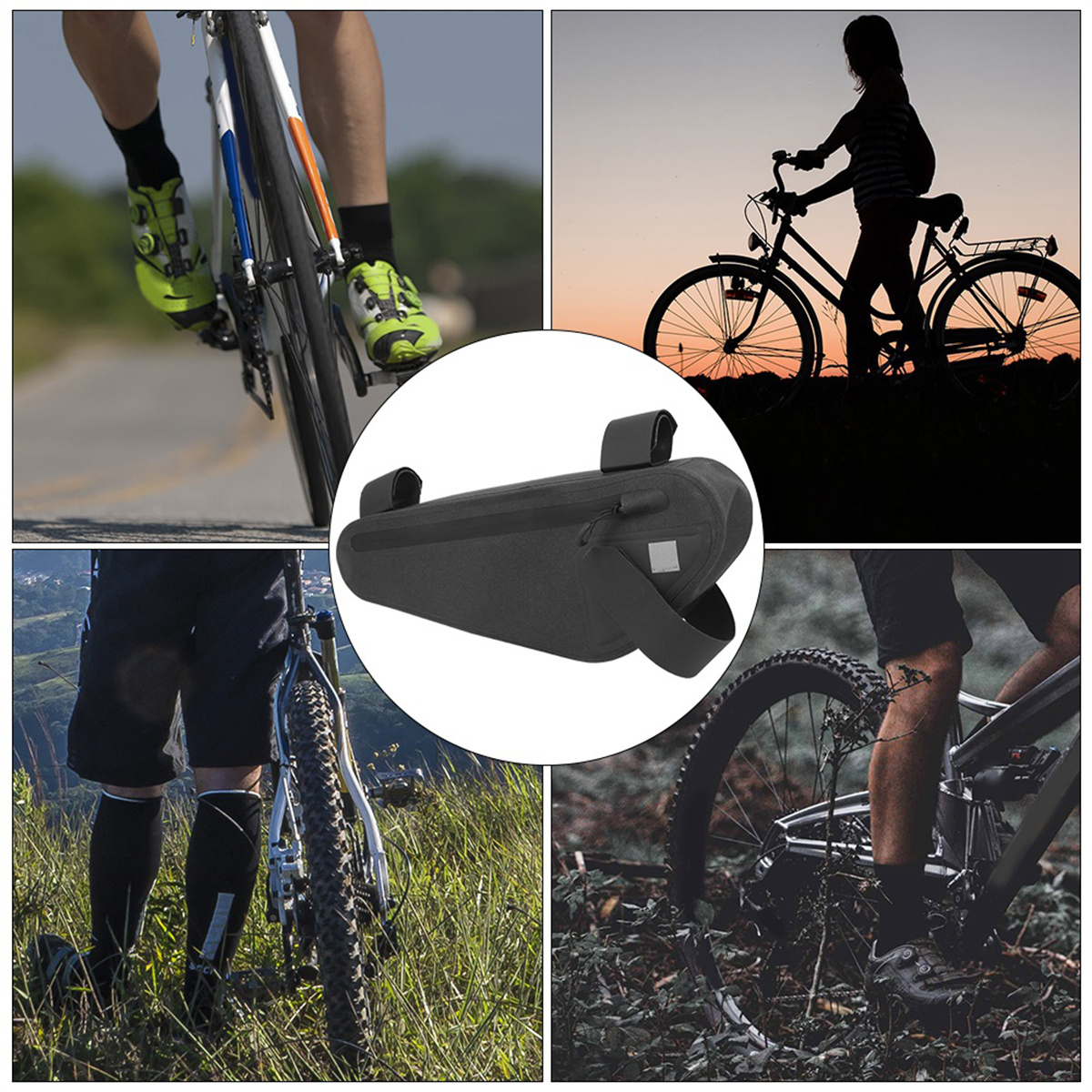 Eine schwarze Fahrradtasche am Fahrradrahmen, mit mehreren Radszenen.