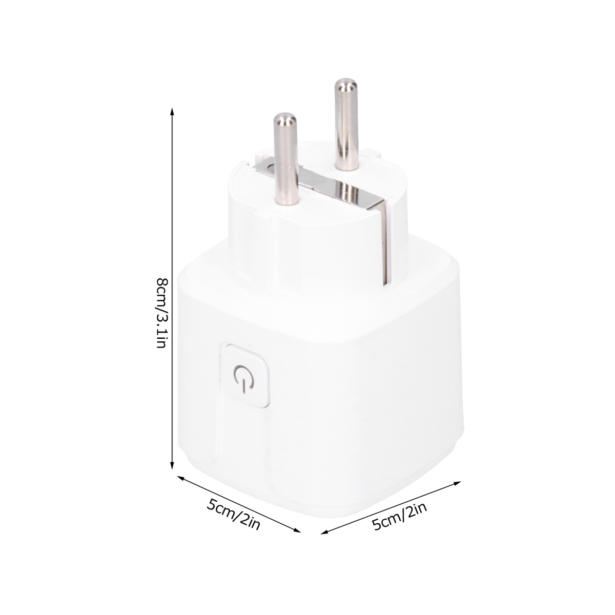 Ein weißer Smart-Stecker mit zwei Stiften, Abmessungen in cm und Zoll angegeben.