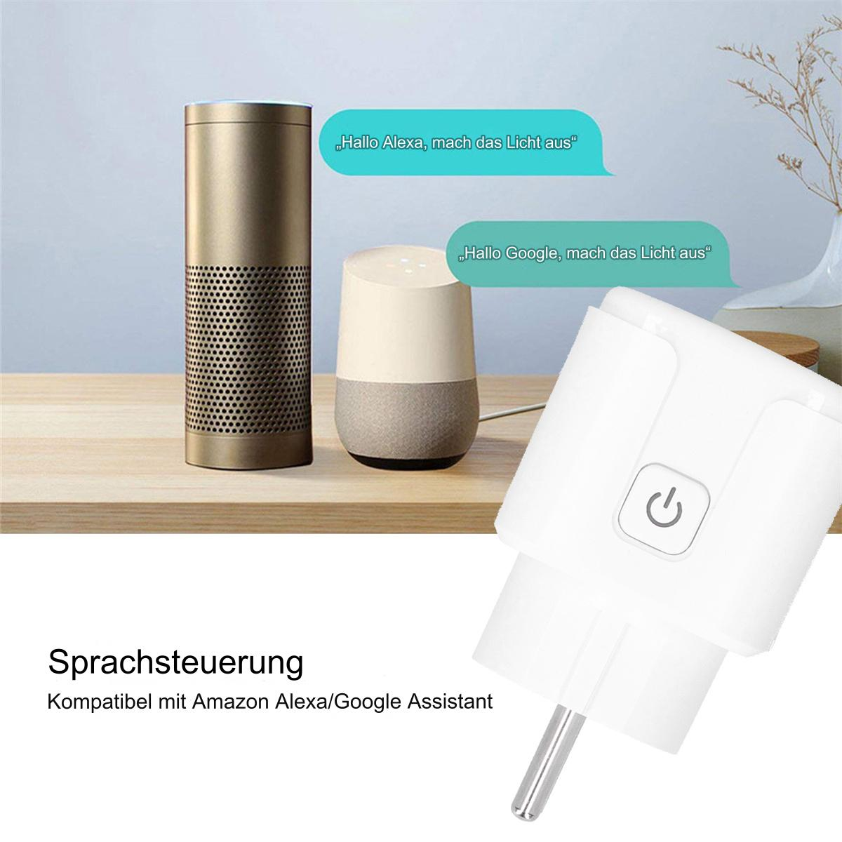 Zwei intelligente Lautsprecher und ein intelligenter Stecker mit Ein-/Aus-Taste. Sprachsteuerung ist der Text.