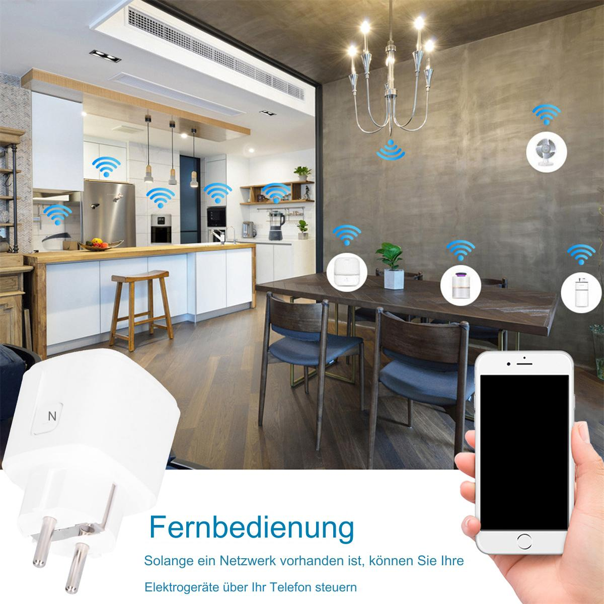 Küche mit Lichtern und einem weißen Stecker mit Telefon zur Steuerung intelligenter Geräte. Text auf Deutsch.