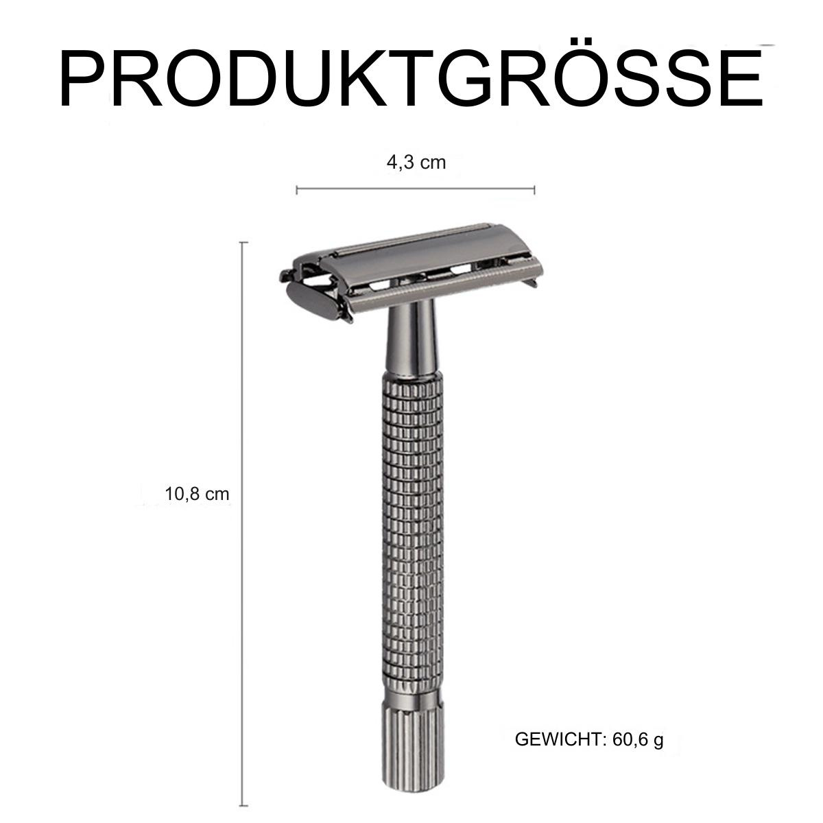 Verchromter Rasierer mit geriffeltem Griff, mit Abmessungen und Gewicht.