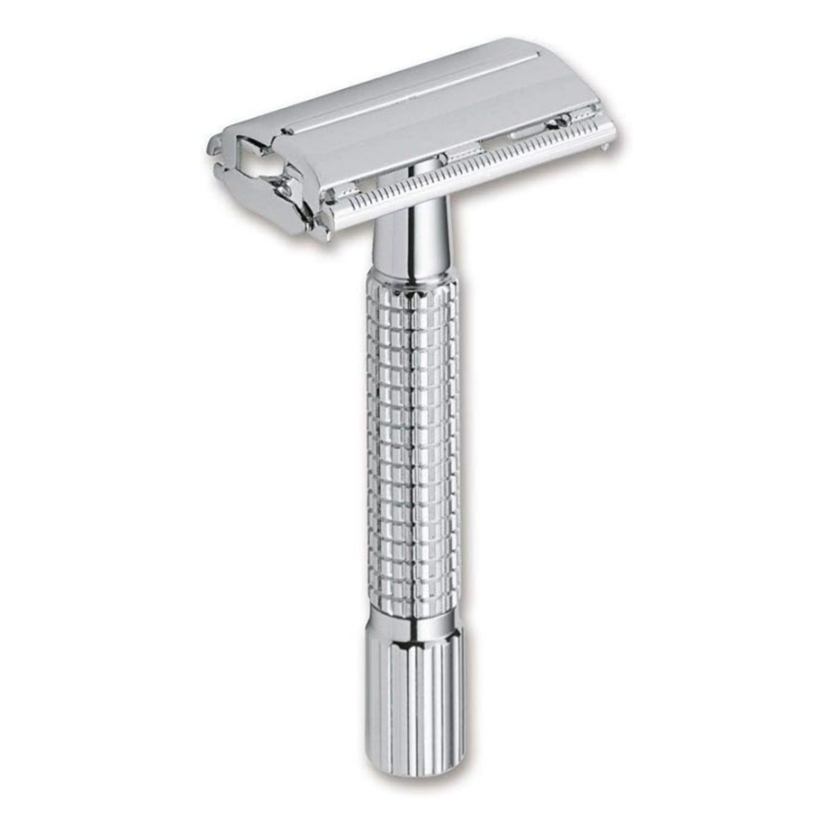 Ein Chrom-Sicherheitsrasierer mit detailliertem Griff und einem nach oben abgewinkelten Klingenkopf.